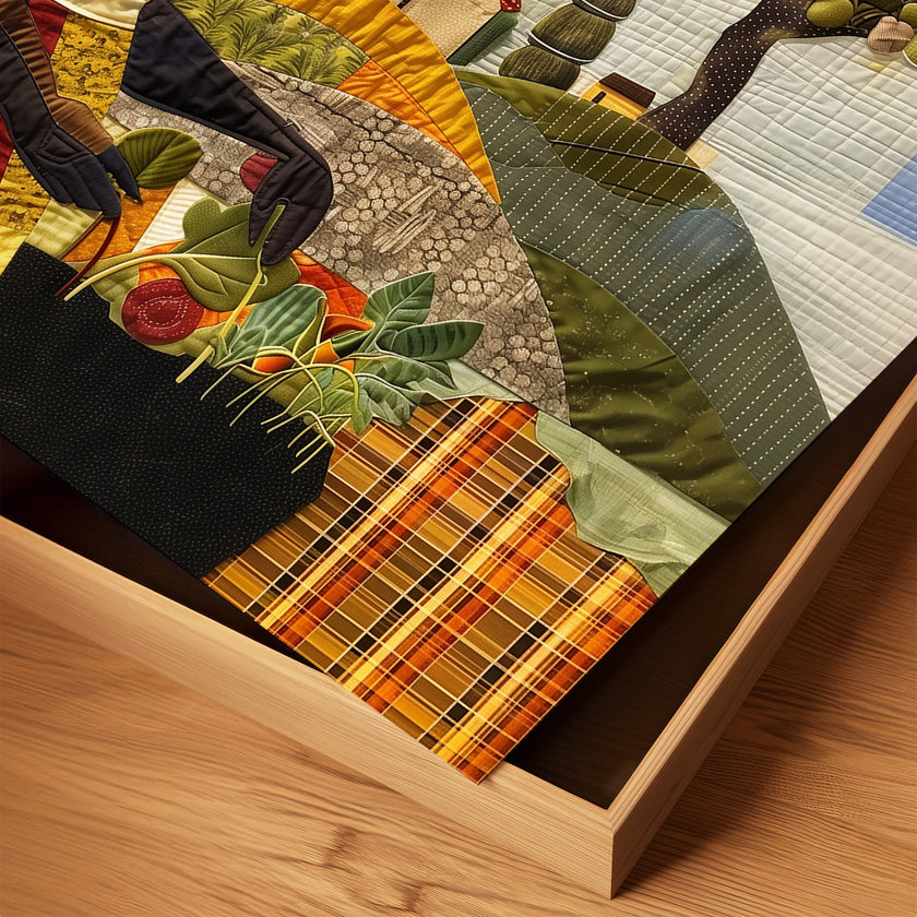 Black woman planting vegetables in her backyard garden, illustrated in a mosaic quilt collage style celebrating ancestral wisdom, self-sufficiency, and Afrocentric garden art.