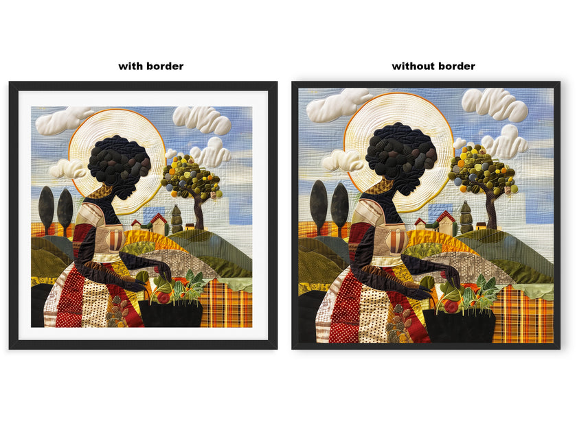 Black woman planting vegetables in her backyard garden, illustrated in a mosaic quilt collage style celebrating ancestral wisdom, self-sufficiency, and Afrocentric garden art.