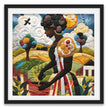 Black woman planting vegetables in her backyard garden, illustrated in a mosaic quilt collage style celebrating ancestral wisdom, self-sufficiency, and Afrocentric garden art.