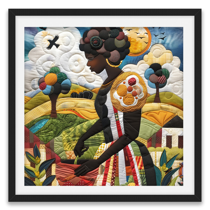 Black woman planting vegetables in her backyard garden, illustrated in a mosaic quilt collage style celebrating ancestral wisdom, self-sufficiency, and Afrocentric garden art.