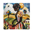 Black woman planting vegetables in her backyard garden, illustrated in a mosaic quilt collage style celebrating ancestral wisdom, self-sufficiency, and Afrocentric garden art.