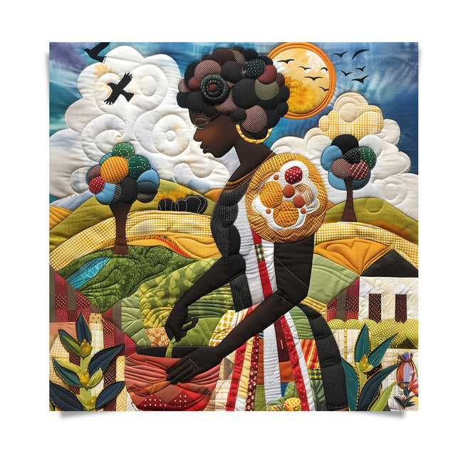 Black woman planting vegetables in her backyard garden, illustrated in a mosaic quilt collage style celebrating ancestral wisdom, self-sufficiency, and Afrocentric garden art.