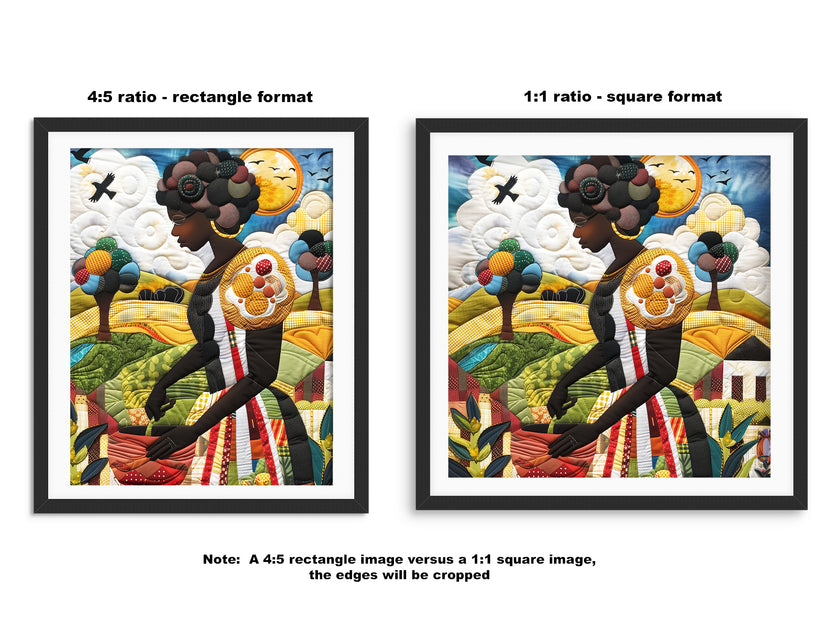 Black woman planting vegetables in her backyard garden, illustrated in a mosaic quilt collage style celebrating ancestral wisdom, self-sufficiency, and Afrocentric garden art.