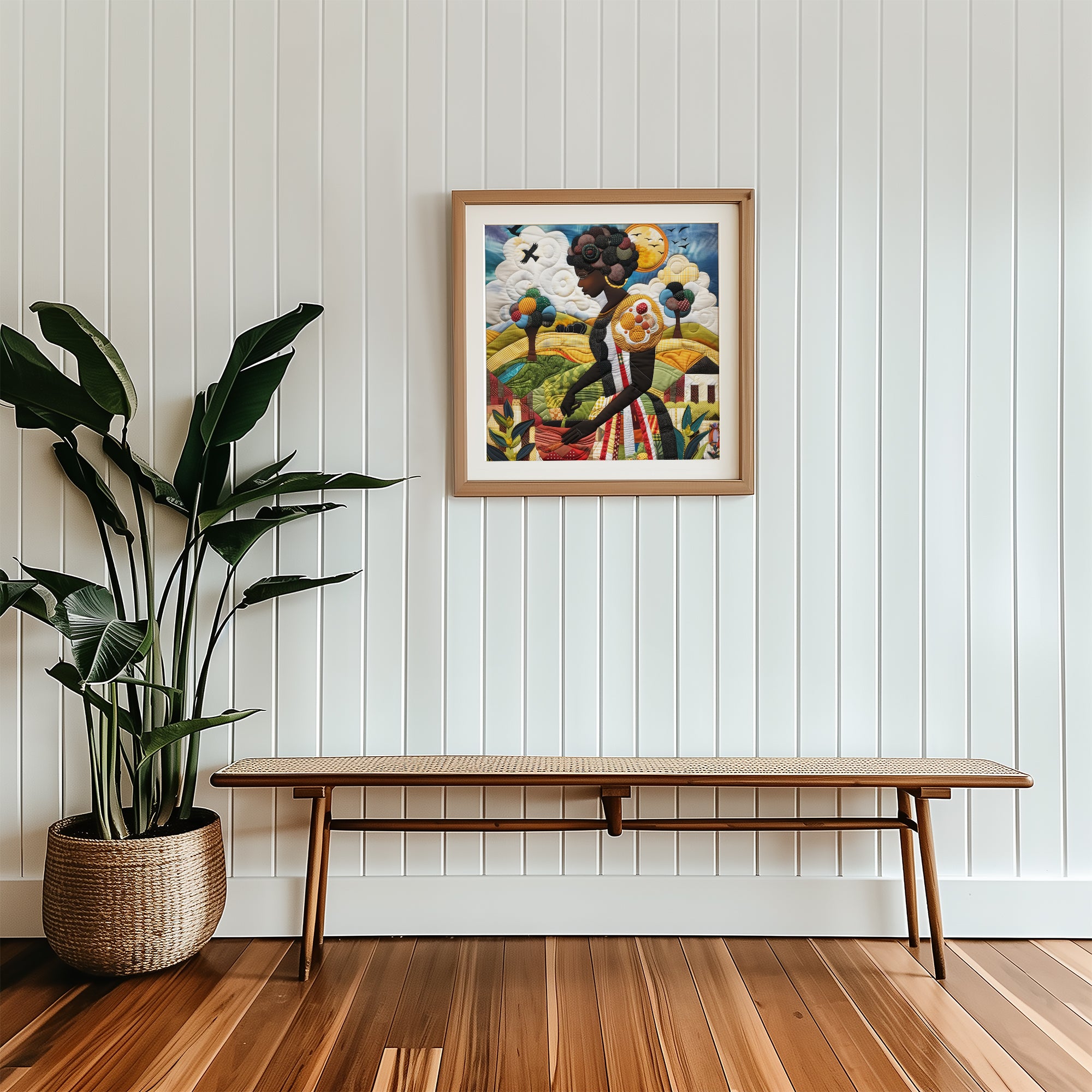 Black woman planting vegetables in her backyard garden, illustrated in a mosaic quilt collage style celebrating ancestral wisdom, self-sufficiency, and Afrocentric garden art.