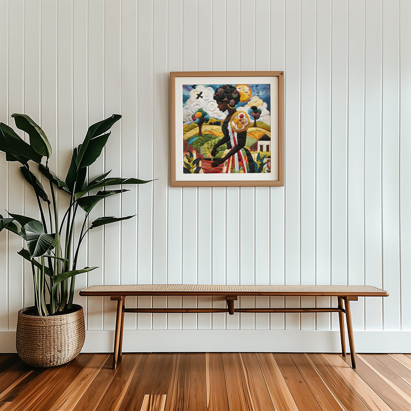 Black woman planting vegetables in her backyard garden, illustrated in a mosaic quilt collage style celebrating ancestral wisdom, self-sufficiency, and Afrocentric garden art.