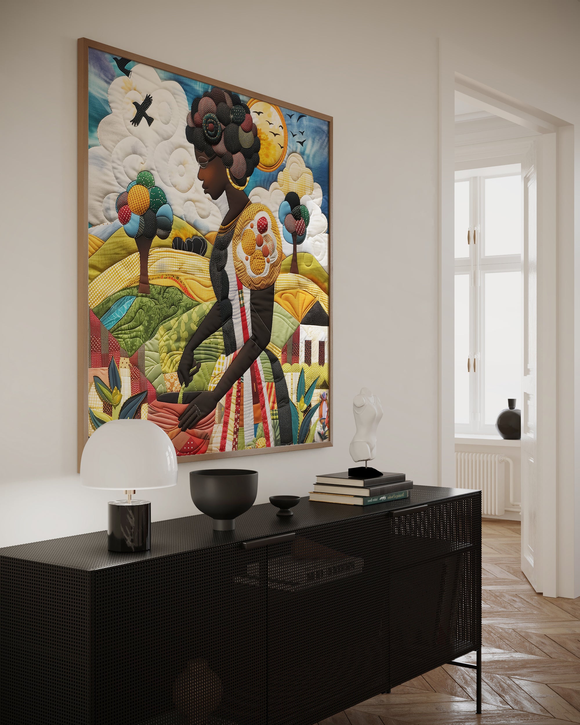 Black woman planting vegetables in her backyard garden, illustrated in a mosaic quilt collage style celebrating ancestral wisdom, self-sufficiency, and Afrocentric garden art.