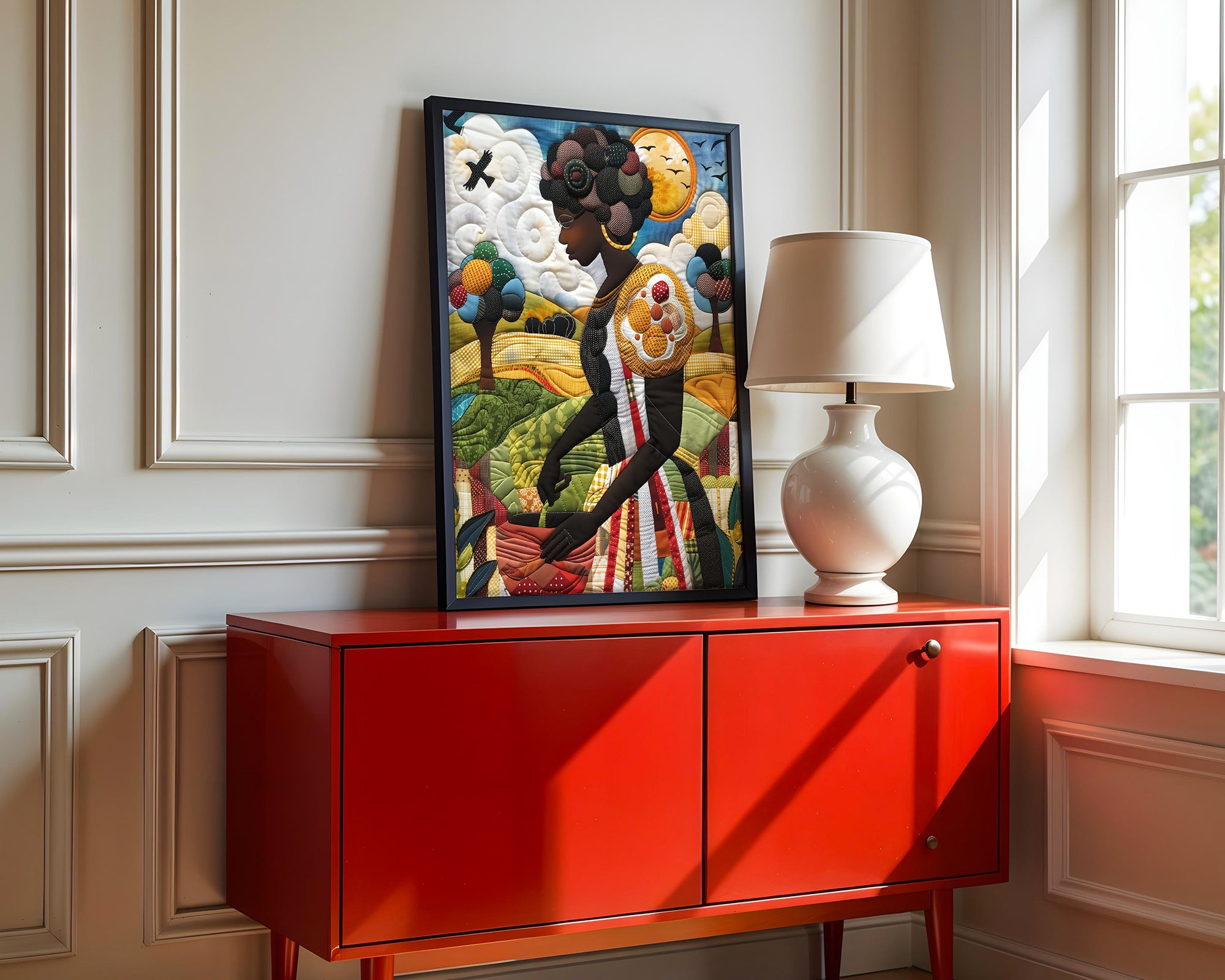 Black woman planting vegetables in her backyard garden, illustrated in a mosaic quilt collage style celebrating ancestral wisdom, self-sufficiency, and Afrocentric garden art.