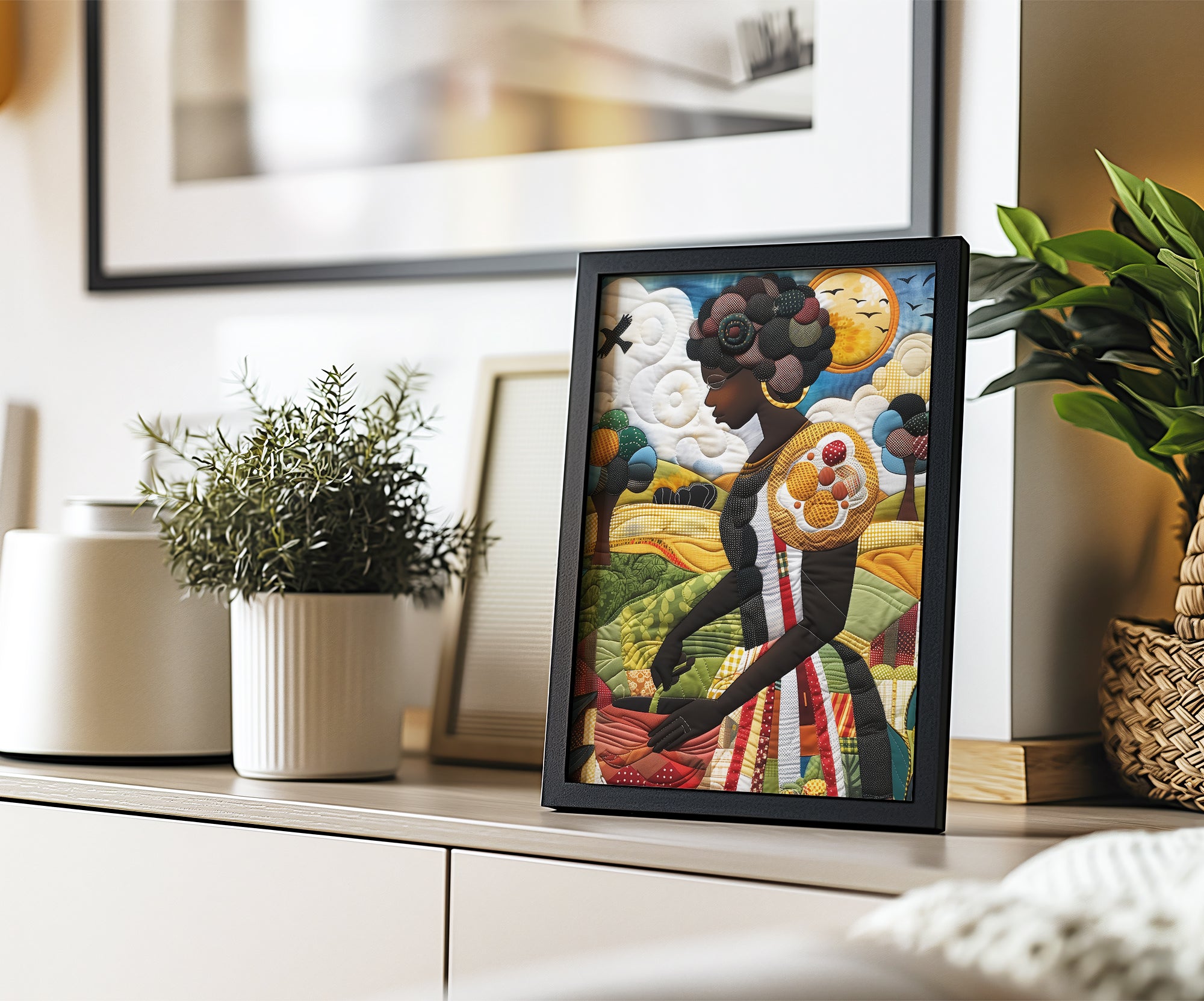 Black woman planting vegetables in her backyard garden, illustrated in a mosaic quilt collage style celebrating ancestral wisdom, self-sufficiency, and Afrocentric garden art.