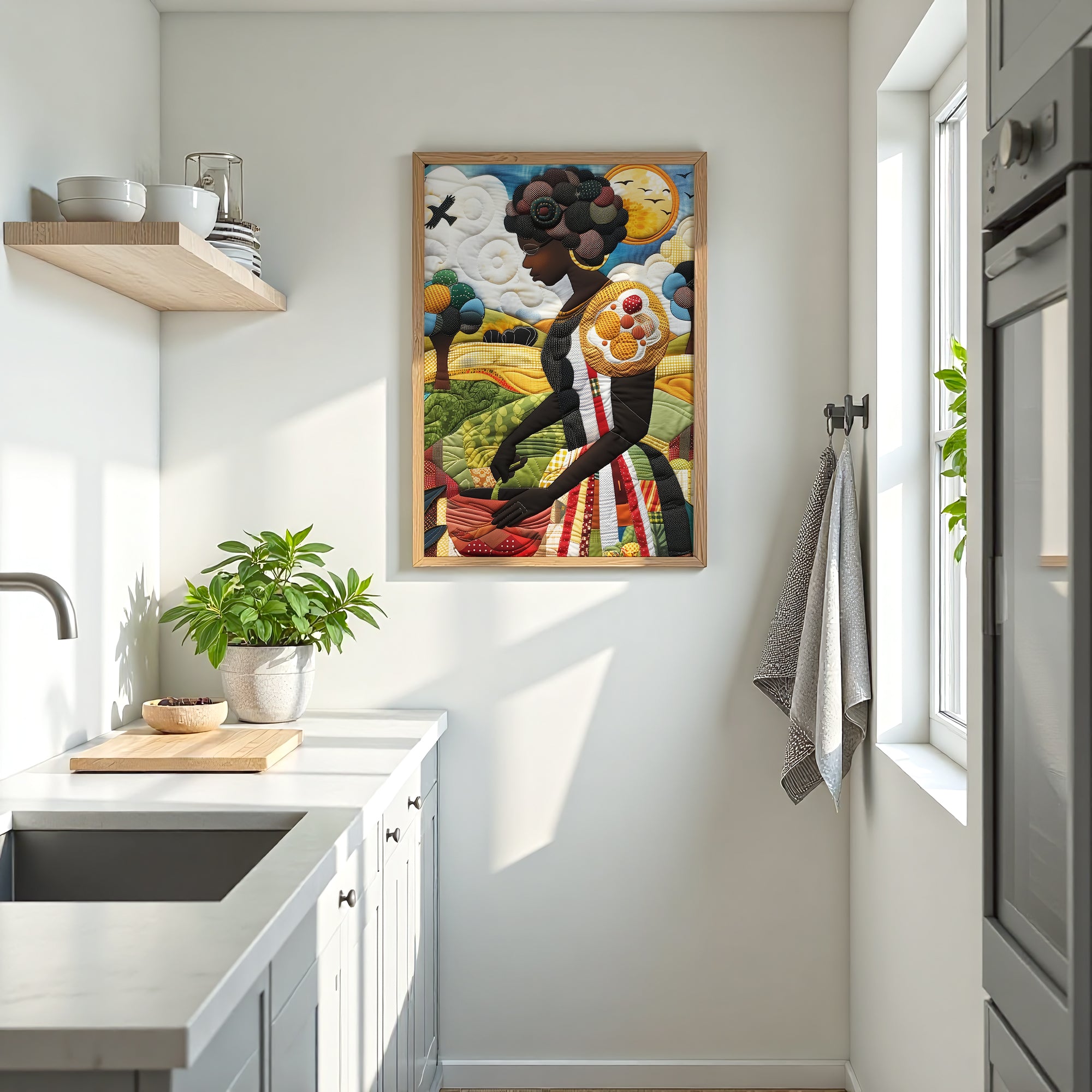 Black woman planting vegetables in her backyard garden, illustrated in a mosaic quilt collage style celebrating ancestral wisdom, self-sufficiency, and Afrocentric garden art.