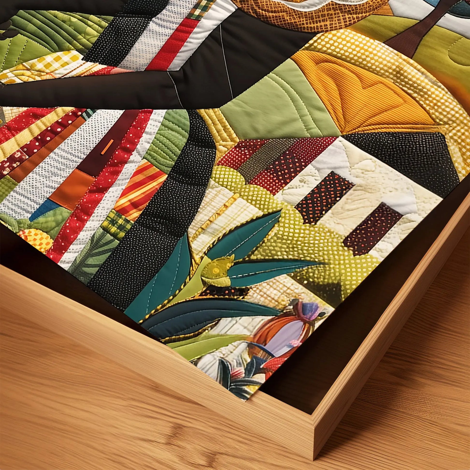 Black woman planting vegetables in her backyard garden, illustrated in a mosaic quilt collage style celebrating ancestral wisdom, self-sufficiency, and Afrocentric garden art.
