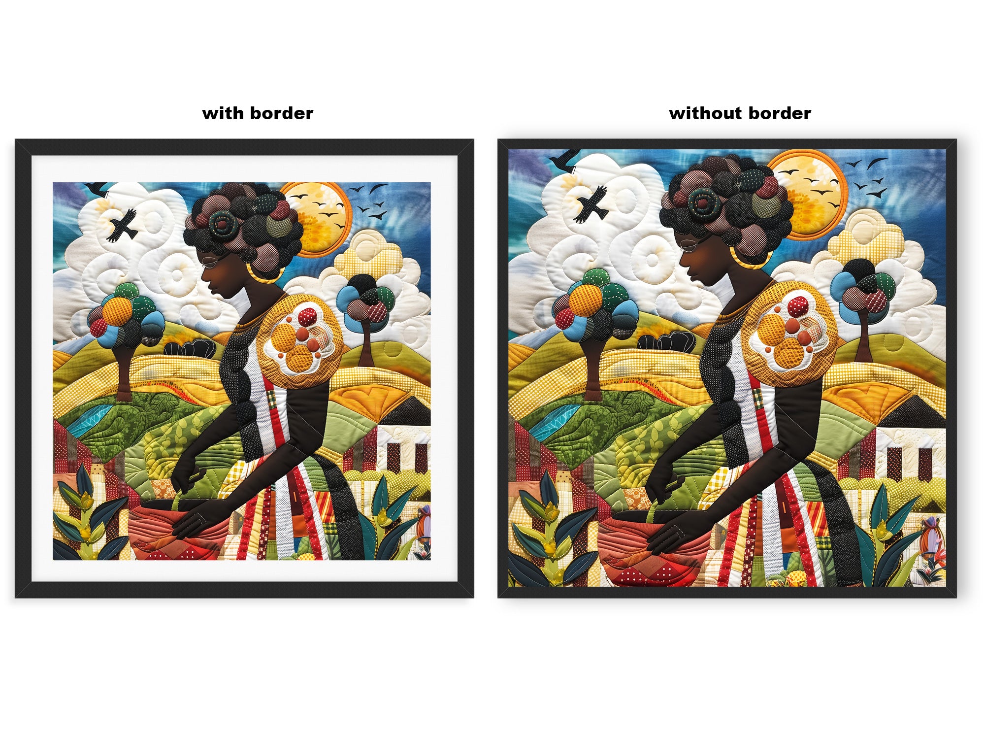 Black woman planting vegetables in her backyard garden, illustrated in a mosaic quilt collage style celebrating ancestral wisdom, self-sufficiency, and Afrocentric garden art.