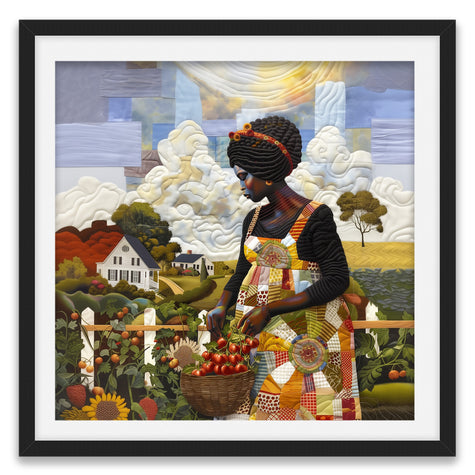 Black woman planting vegetables in her backyard garden, illustrated in a mosaic quilt collage style celebrating ancestral wisdom, self-sufficiency, and Afrocentric garden art.