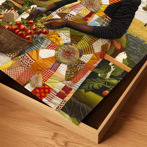 Black woman planting vegetables in her backyard garden, illustrated in a mosaic quilt collage style celebrating ancestral wisdom, self-sufficiency, and Afrocentric garden art.