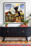 Black woman planting vegetables in her backyard garden, illustrated in a mosaic quilt collage style celebrating ancestral wisdom, self-sufficiency, and Afrocentric garden art.