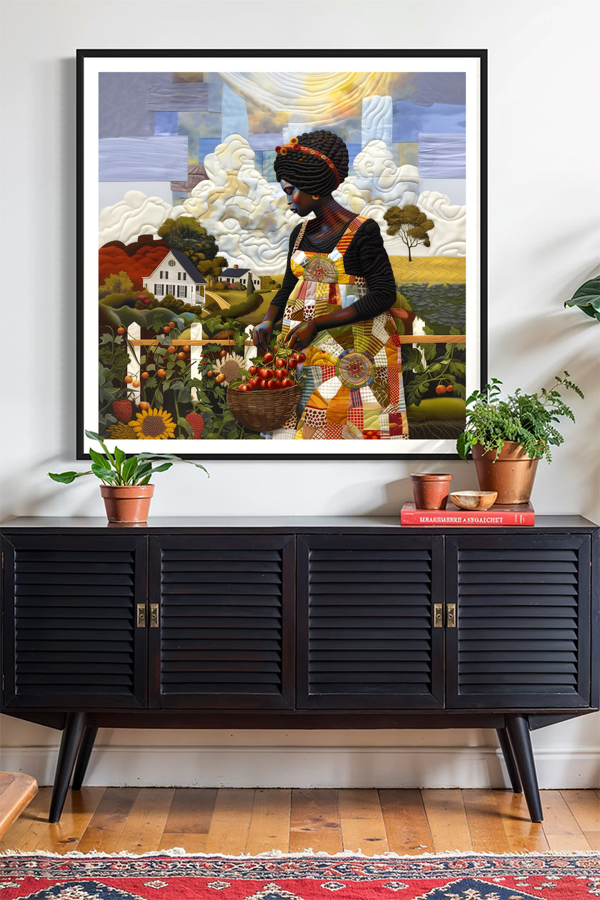 Black woman planting vegetables in her backyard garden, illustrated in a mosaic quilt collage style celebrating ancestral wisdom, self-sufficiency, and Afrocentric garden art.
