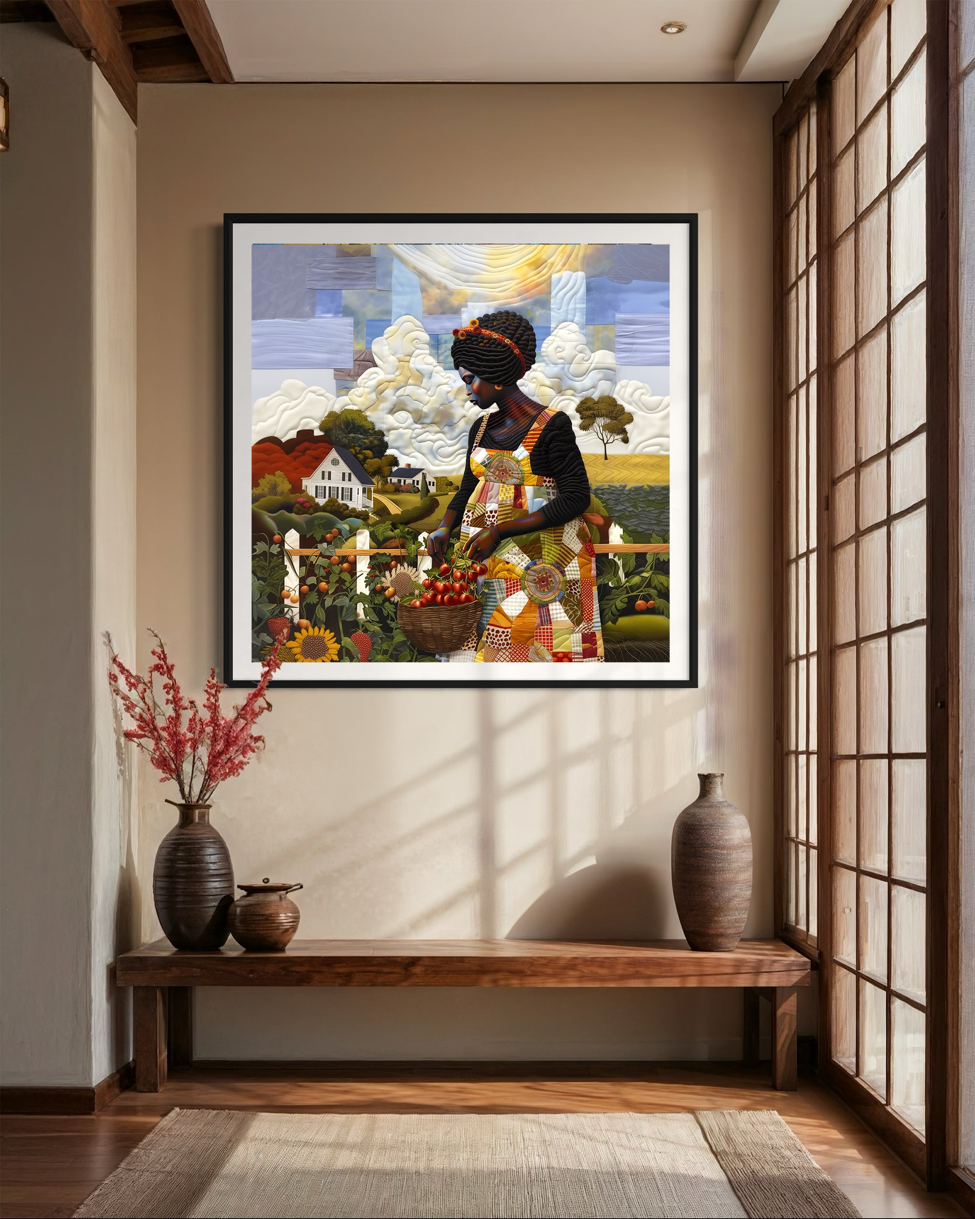 Estampado artístico collage tipo edredón - Mujeres negras cultivando vegetales - Serie 03