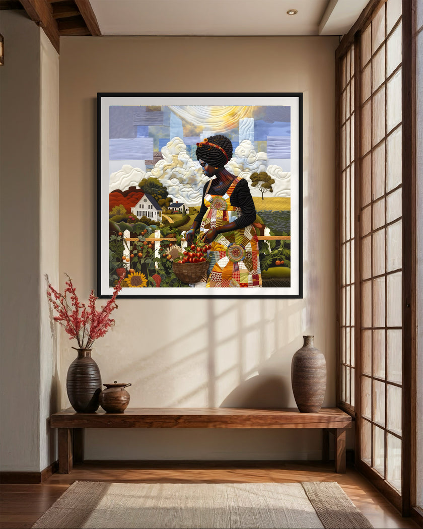 Estampado artístico collage tipo edredón - Mujeres negras cultivando vegetales - Serie 03