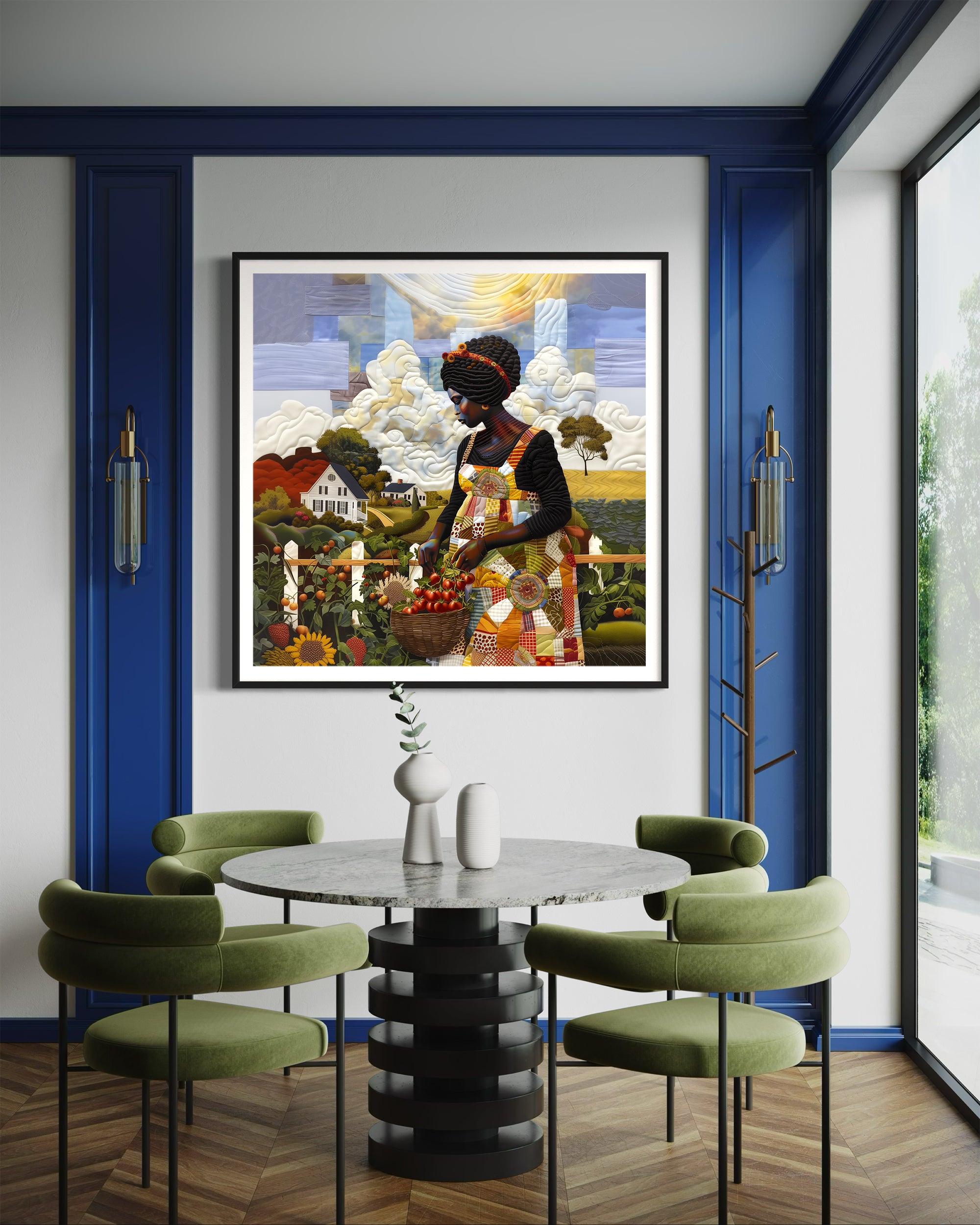 Black woman planting vegetables in her backyard garden, illustrated in a mosaic quilt collage style celebrating ancestral wisdom, self-sufficiency, and Afrocentric garden art.