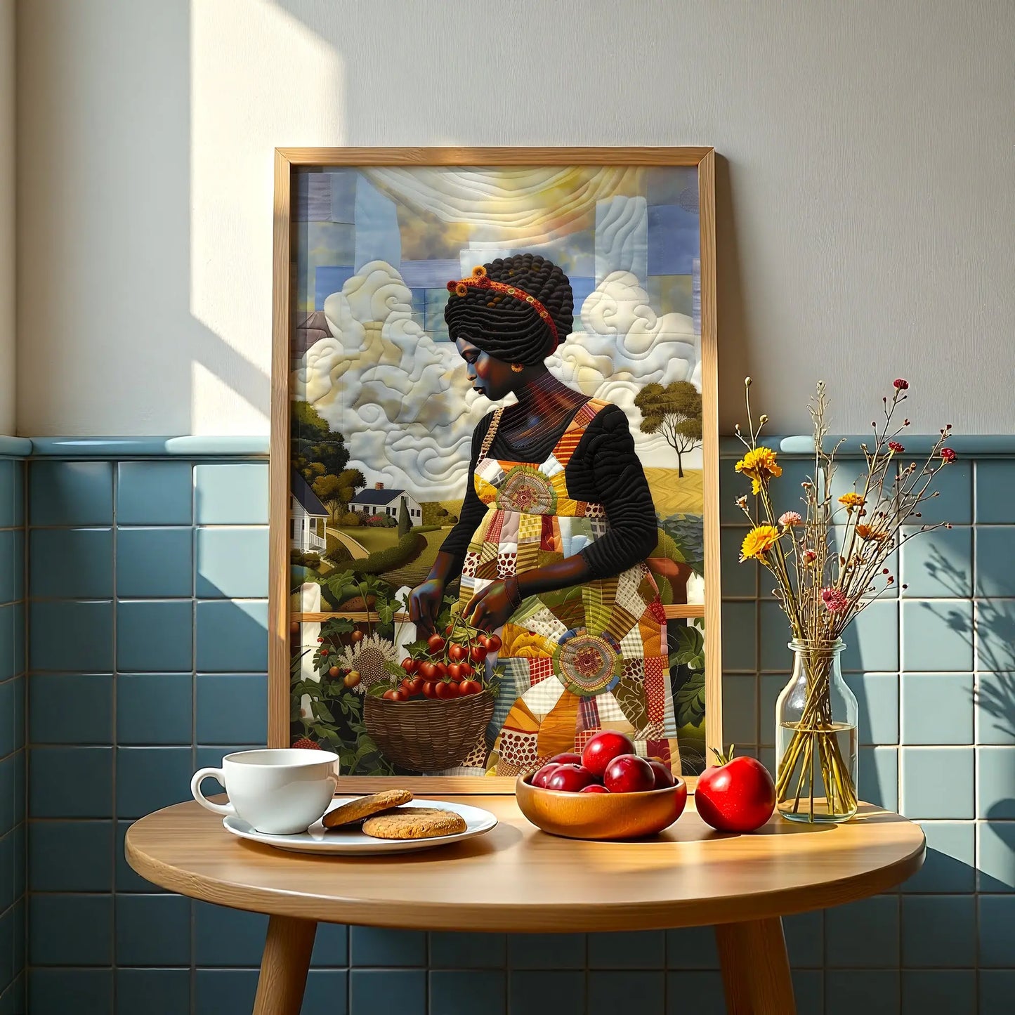 Black woman planting vegetables in her backyard garden, illustrated in a mosaic quilt collage style celebrating ancestral wisdom, self-sufficiency, and Afrocentric garden art.