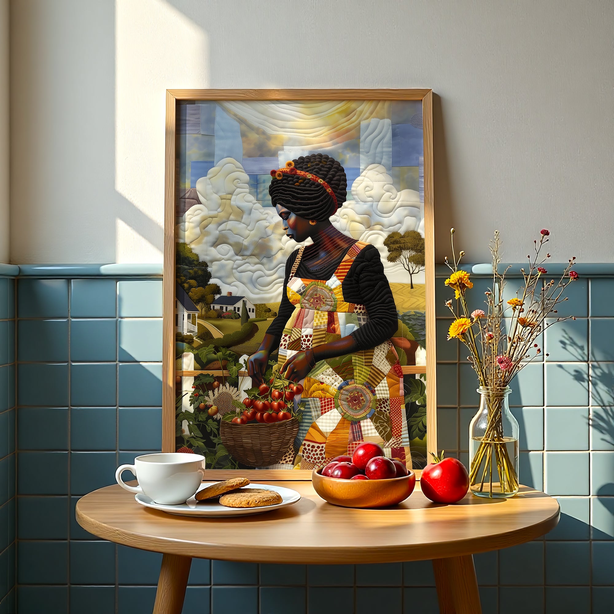 Black woman planting vegetables in her backyard garden, illustrated in a mosaic quilt collage style celebrating ancestral wisdom, self-sufficiency, and Afrocentric garden art.