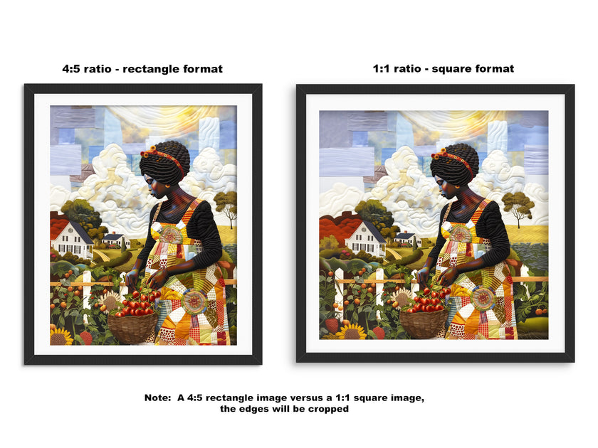 Black woman planting vegetables in her backyard garden, illustrated in a mosaic quilt collage style celebrating ancestral wisdom, self-sufficiency, and Afrocentric garden art.