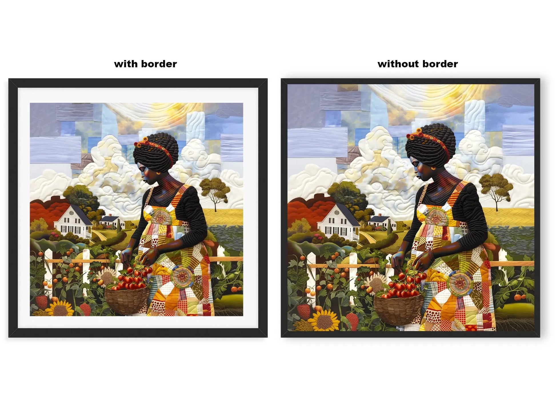 Black woman planting vegetables in her backyard garden, illustrated in a mosaic quilt collage style celebrating ancestral wisdom, self-sufficiency, and Afrocentric garden art.