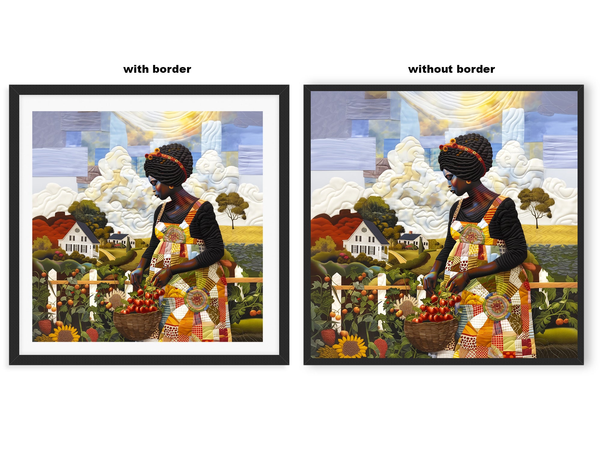 Black woman planting vegetables in her backyard garden, illustrated in a mosaic quilt collage style celebrating ancestral wisdom, self-sufficiency, and Afrocentric garden art.