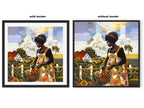 Black woman planting vegetables in her backyard garden, illustrated in a mosaic quilt collage style celebrating ancestral wisdom, self-sufficiency, and Afrocentric garden art.