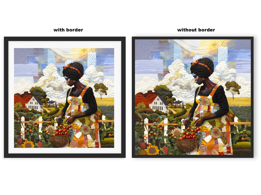 Black woman planting vegetables in her backyard garden, illustrated in a mosaic quilt collage style celebrating ancestral wisdom, self-sufficiency, and Afrocentric garden art.