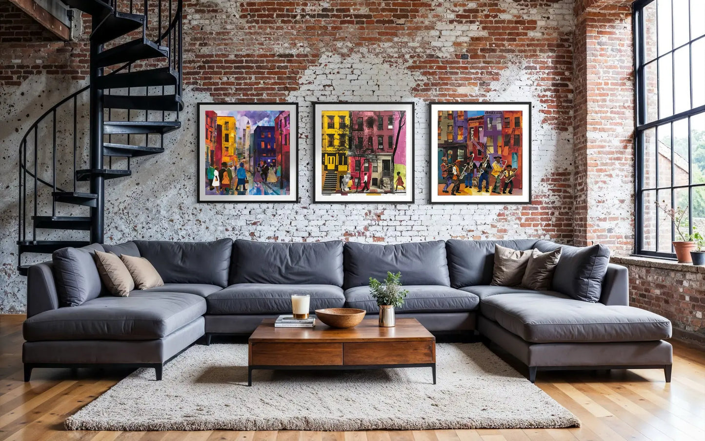 Set of 3 Afrocentric Harlem street scene art prints showing Black people on brownstone-lined streets capturing the vibrant culture and everyday life of Harlem.