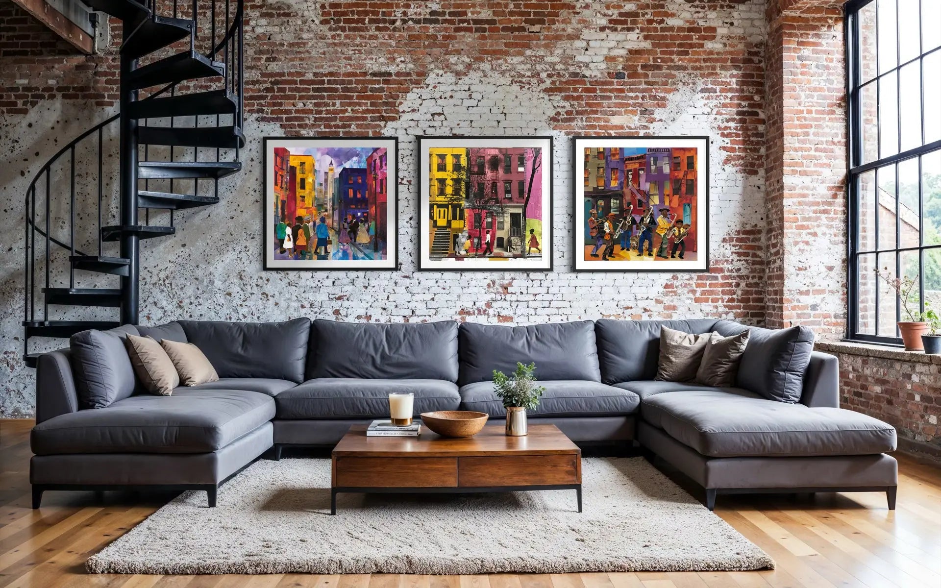 Set of 3 Afrocentric Harlem street scene art prints showing Black people on brownstone-lined streets capturing the vibrant culture and everyday life of Harlem.