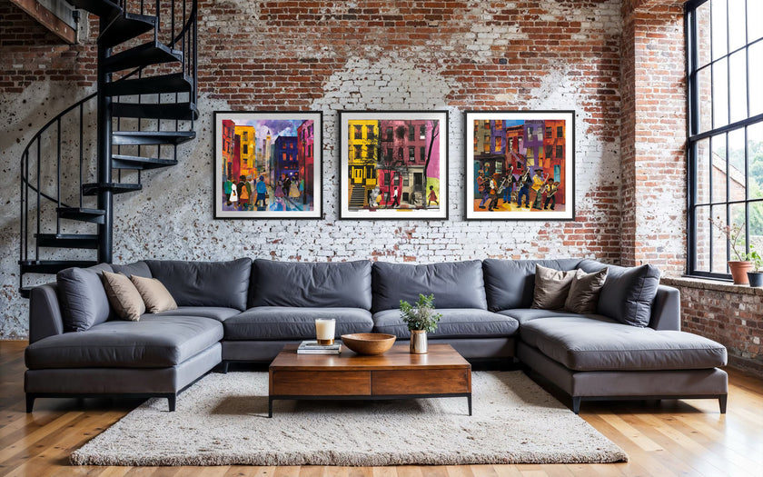 Set of 3 Afrocentric Harlem street scene art prints showing Black people on brownstone-lined streets capturing the vibrant culture and everyday life of Harlem.