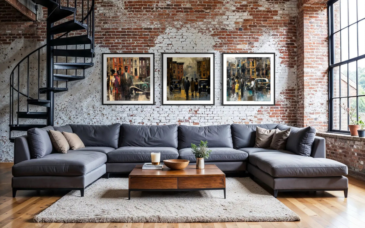 Set of 3 abstract Harlem night art prints featuring Black people socializing on brownstone streets with vintage cars and glowing lights inspired by Harlem nightlife and the Cotton Club.