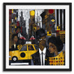 Graffiti-style abstract art print featuring iconic yellow cabs driving through the streets of Harlem, New York City. The gritty urban landscape includes textured buildings and dynamic street elements, capturing the bold energy of NYC in a modern cityscape wall art design.
