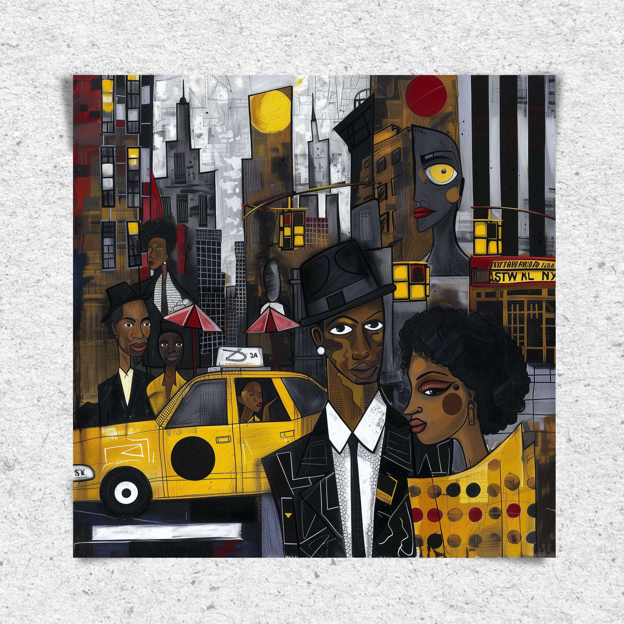 Graffiti-style abstract art print featuring iconic yellow cabs driving through the streets of Harlem, New York City. The gritty urban landscape includes textured buildings and dynamic street elements, capturing the bold energy of NYC in a modern cityscape wall art design.