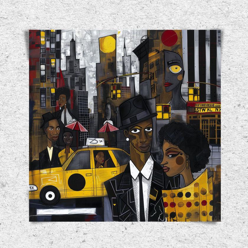 Graffiti-style abstract art print featuring iconic yellow cabs driving through the streets of Harlem, New York City. The gritty urban landscape includes textured buildings and dynamic street elements, capturing the bold energy of NYC in a modern cityscape wall art design.