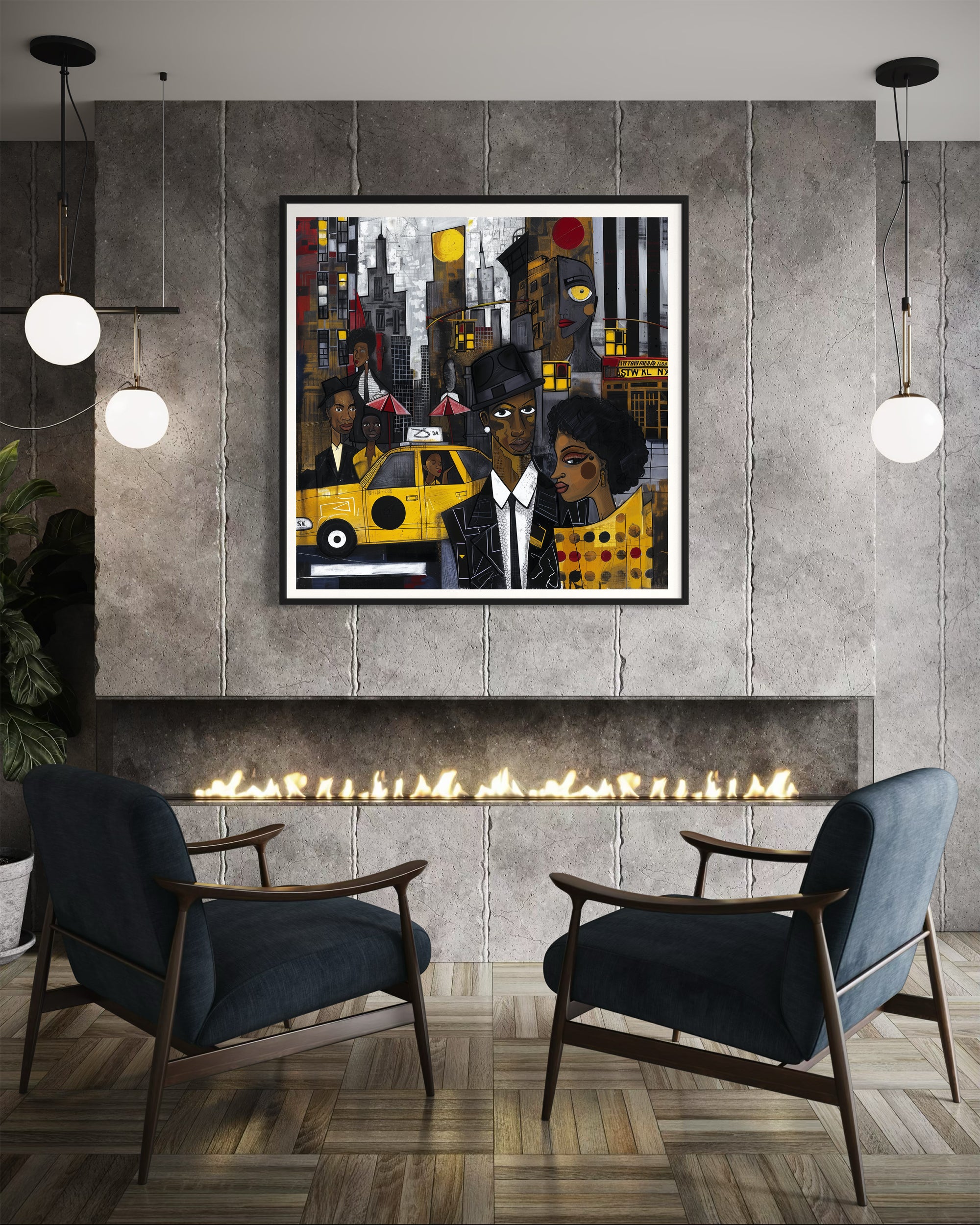 Graffiti-style abstract art print featuring iconic yellow cabs driving through the streets of Harlem, New York City. The gritty urban landscape includes textured buildings and dynamic street elements, capturing the bold energy of NYC in a modern cityscape wall art design.