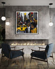 Graffiti-style abstract art print featuring iconic yellow cabs driving through the streets of Harlem, New York City. The gritty urban landscape includes textured buildings and dynamic street elements, capturing the bold energy of NYC in a modern cityscape wall art design.