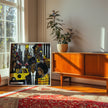 Graffiti-style abstract art print featuring iconic yellow cabs driving through the streets of Harlem, New York City. The gritty urban landscape includes textured buildings and dynamic street elements, capturing the bold energy of NYC in a modern cityscape wall art design.
