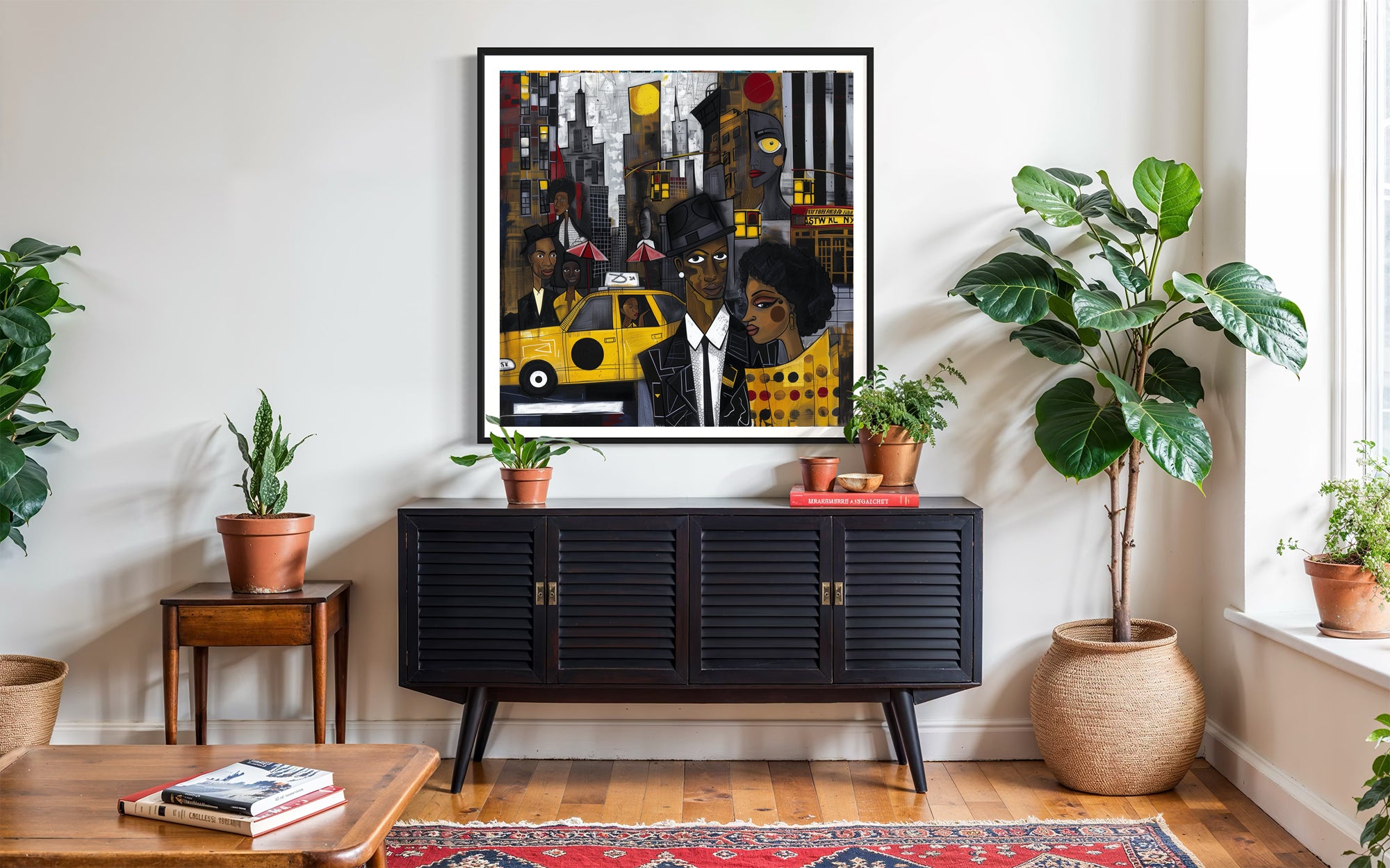 Graffiti-style abstract art print featuring iconic yellow cabs driving through the streets of Harlem, New York City. The gritty urban landscape includes textured buildings and dynamic street elements, capturing the bold energy of NYC in a modern cityscape wall art design.