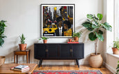 Graffiti-style abstract art print featuring iconic yellow cabs driving through the streets of Harlem, New York City. The gritty urban landscape includes textured buildings and dynamic street elements, capturing the bold energy of NYC in a modern cityscape wall art design.
