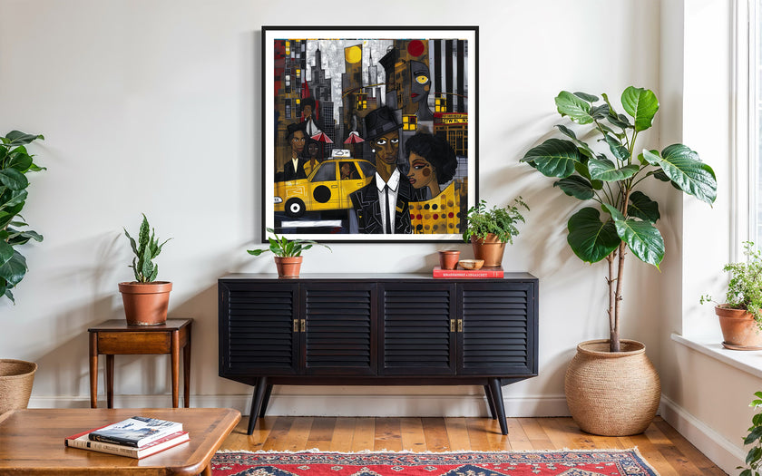 Graffiti-style abstract art print featuring iconic yellow cabs driving through the streets of Harlem, New York City. The gritty urban landscape includes textured buildings and dynamic street elements, capturing the bold energy of NYC in a modern cityscape wall art design.
