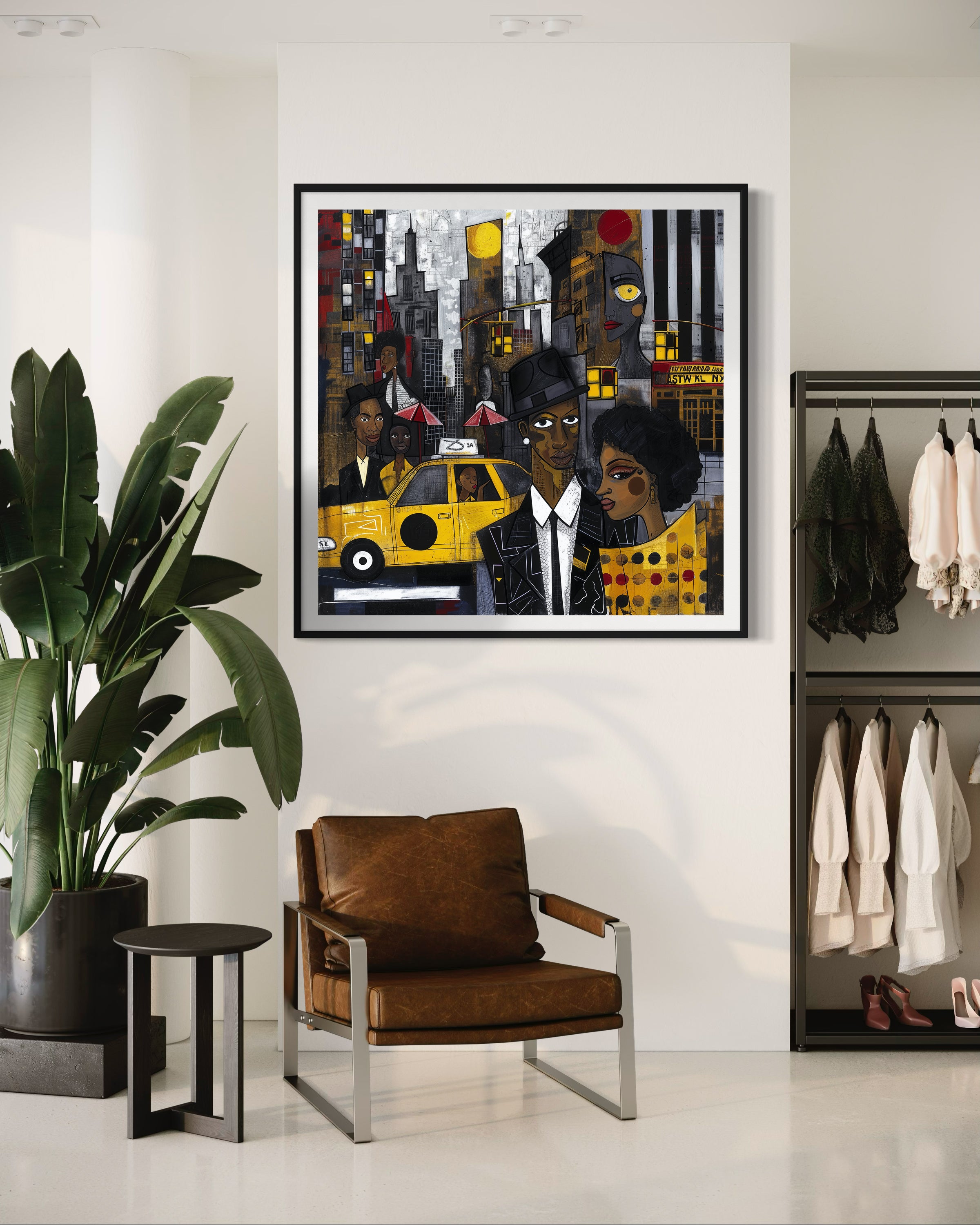 Graffiti-style abstract art print featuring iconic yellow cabs driving through the streets of Harlem, New York City. The gritty urban landscape includes textured buildings and dynamic street elements, capturing the bold energy of NYC in a modern cityscape wall art design.