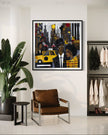 Graffiti-style abstract art print featuring iconic yellow cabs driving through the streets of Harlem, New York City. The gritty urban landscape includes textured buildings and dynamic street elements, capturing the bold energy of NYC in a modern cityscape wall art design.