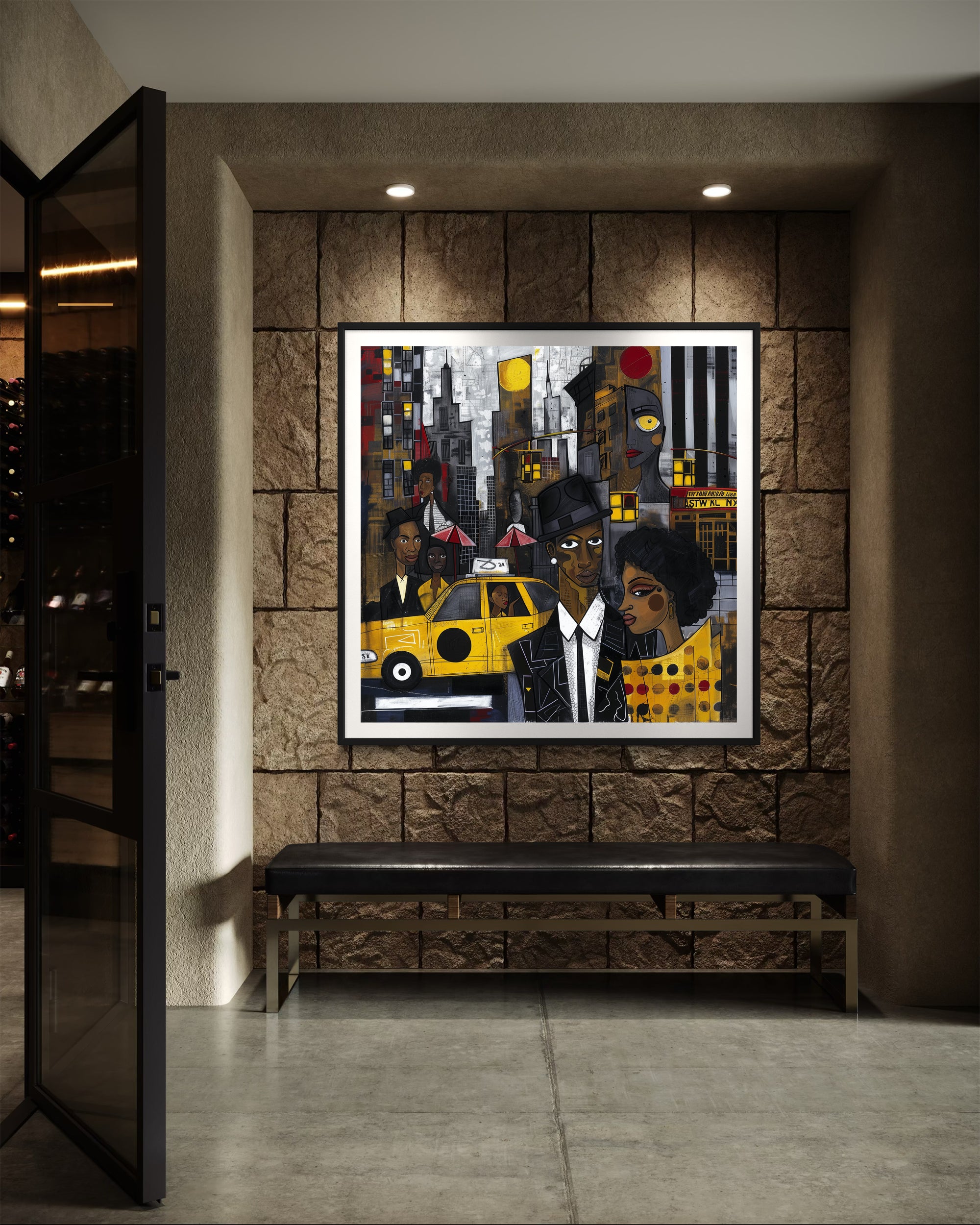 Graffiti-style abstract art print featuring iconic yellow cabs driving through the streets of Harlem, New York City. The gritty urban landscape includes textured buildings and dynamic street elements, capturing the bold energy of NYC in a modern cityscape wall art design.