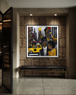 Graffiti-style abstract art print featuring iconic yellow cabs driving through the streets of Harlem, New York City. The gritty urban landscape includes textured buildings and dynamic street elements, capturing the bold energy of NYC in a modern cityscape wall art design.