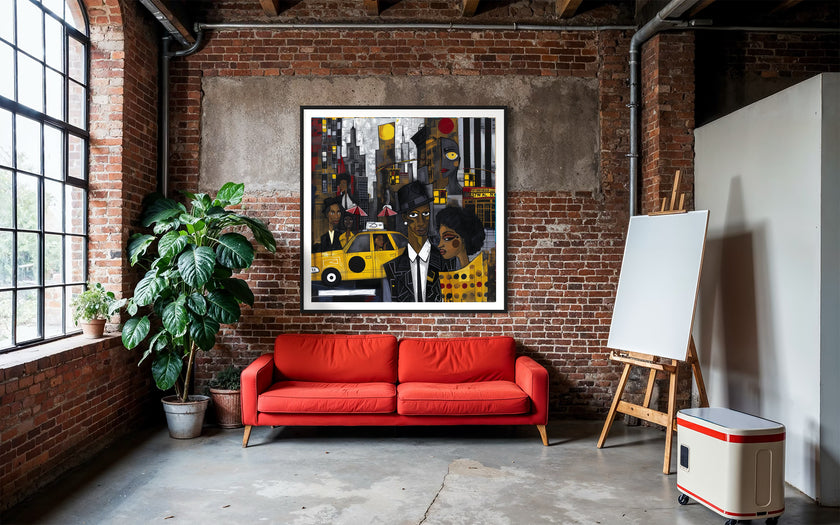 Graffiti-style abstract art print featuring iconic yellow cabs driving through the streets of Harlem, New York City. The gritty urban landscape includes textured buildings and dynamic street elements, capturing the bold energy of NYC in a modern cityscape wall art design.
