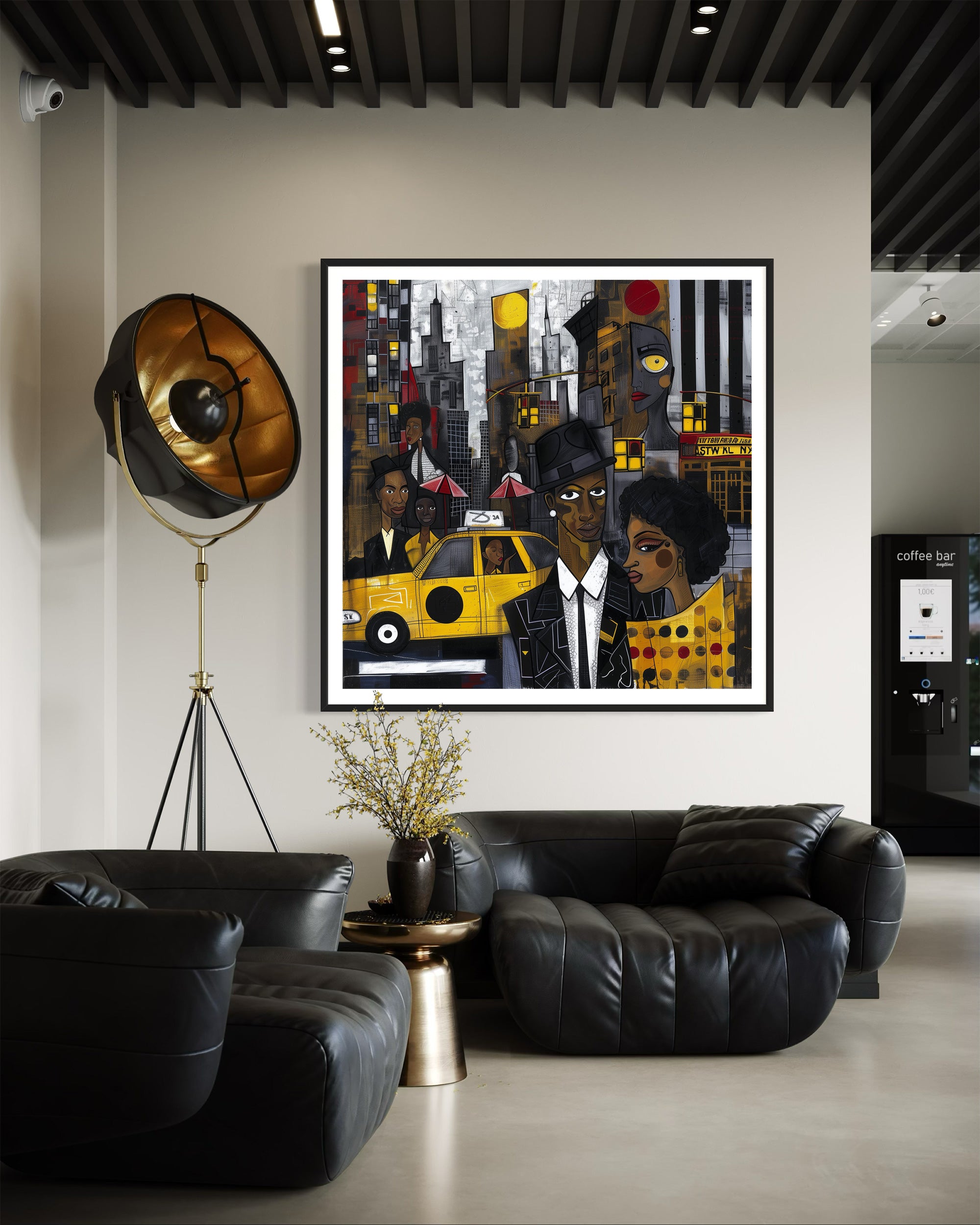 Graffiti-style abstract art print featuring iconic yellow cabs driving through the streets of Harlem, New York City. The gritty urban landscape includes textured buildings and dynamic street elements, capturing the bold energy of NYC in a modern cityscape wall art design.