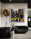 Graffiti-style abstract art print featuring iconic yellow cabs driving through the streets of Harlem, New York City. The gritty urban landscape includes textured buildings and dynamic street elements, capturing the bold energy of NYC in a modern cityscape wall art design.