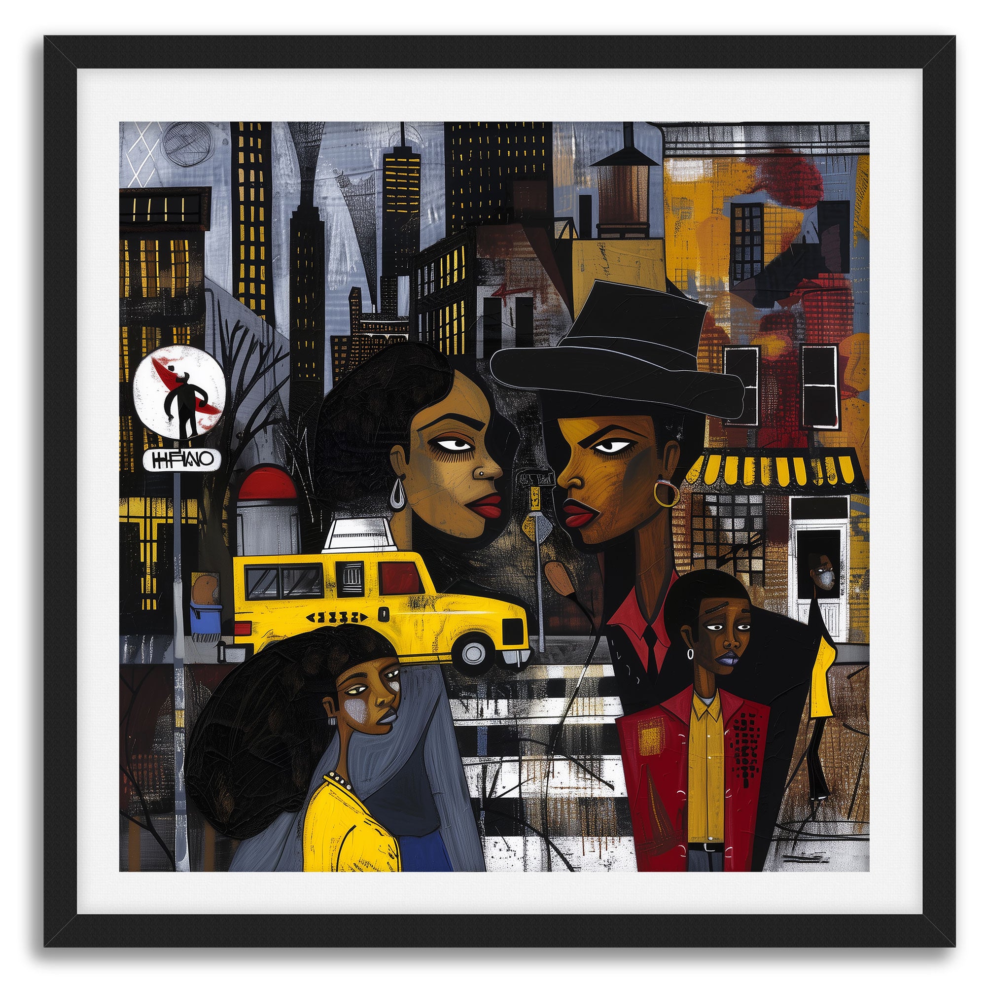 Graffiti-style abstract art print featuring iconic yellow cabs driving through the streets of Harlem, New York City. The gritty urban landscape includes textured buildings and dynamic street elements, capturing the bold energy of NYC in a modern cityscape wall art design.